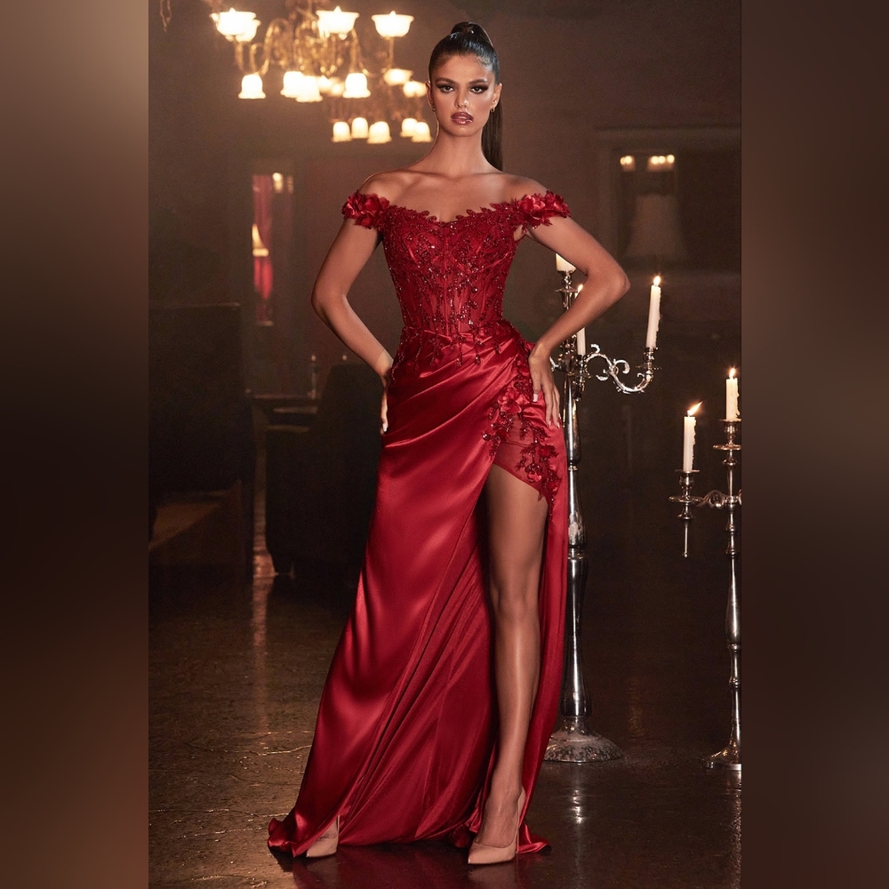 Off the Shoulder Embellished Corset Burgundy Gown - Medium